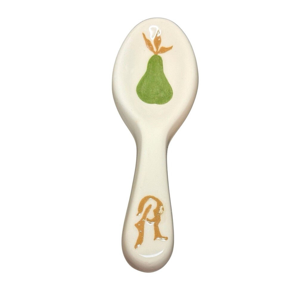 MAXCERA Ceramic PEAR Spoon Rest Holder Gold Initial R 8"